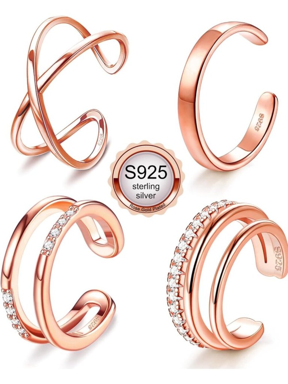 4 Pcs Adjustable Non-Piercing Sterling Silver Ear Cuffs for Women - Clip-On